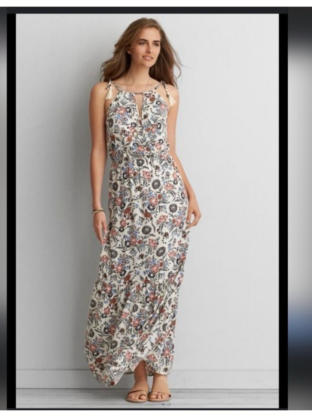 American Eagle Outfitters Cream Floral Tie-Shoulder Maxi Dress